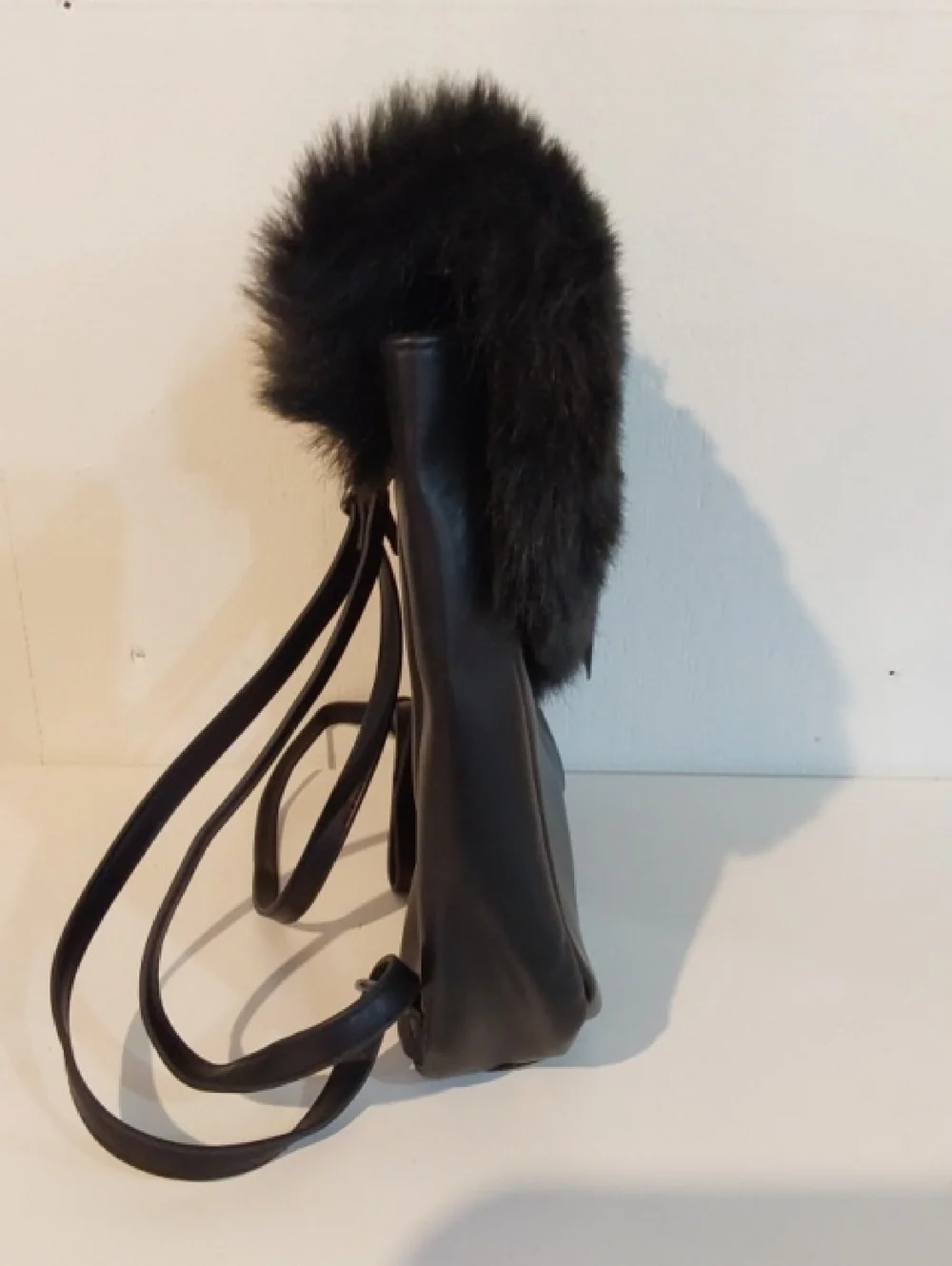 True Vibe| Womens  Boxy Black Faux Fur Flap Vinyl Backpack Trendy Sleek Medium